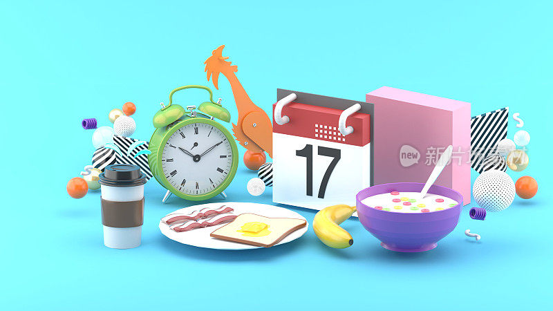 早餐，时钟，日历周围的彩色球在粉红色的背景。3 d渲染。